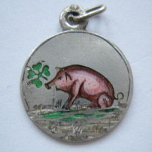 Antique Silver & Enamel Art Nouveau Lucky Pig Clover Charm Rare