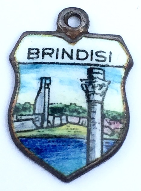Brindisi Italy - SOLD! Columns & Port - Vintage Silver Enamel Travel Shield Charm - Click Image to Close