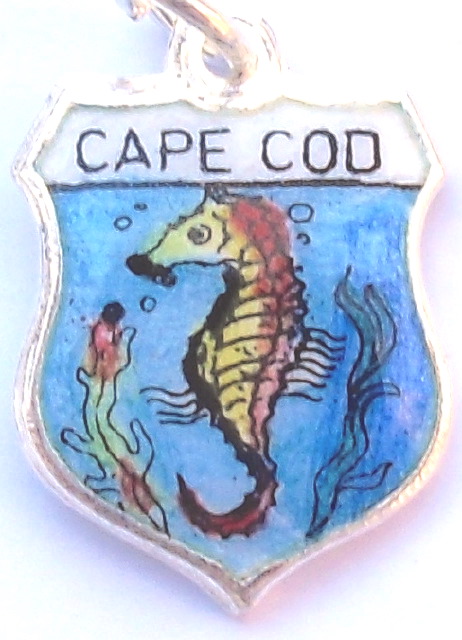 Massachusetts - Cape Cod Seahorse - Vintage Silver Enamel Travel Shield Charm