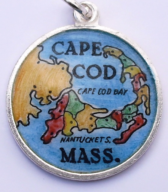 Vintage Enamel Travel Charm - Scalloped Round Edge - Massachusetts - Cape Cod Map Nantucket - Click Image to Close