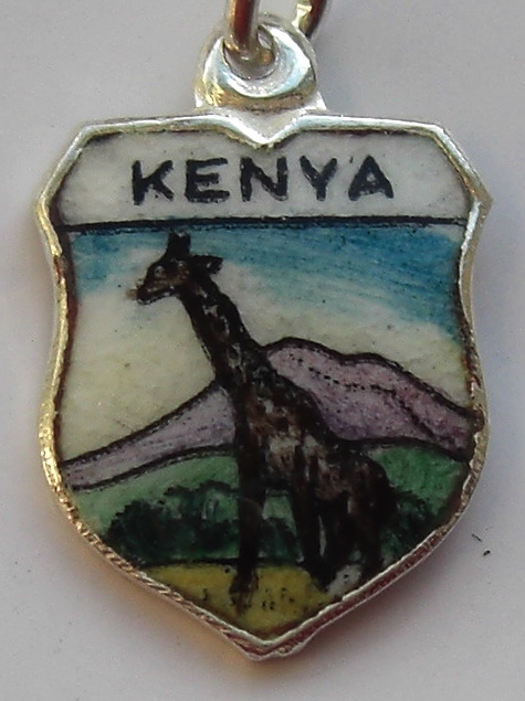 Kenya AFRICA - Giraffe - Vintage Silver Enamel Travel Shield Charm