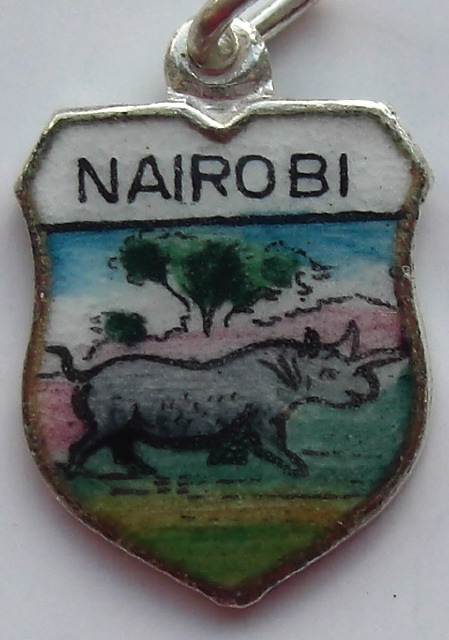 Nairobi AFRICA - Rhino - Vintage Silver Enamel Travel Shield Charm