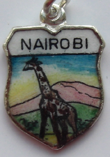 Nairobi AFRICA Giraffe Vintage Silver Enamel Travel Shield Charm