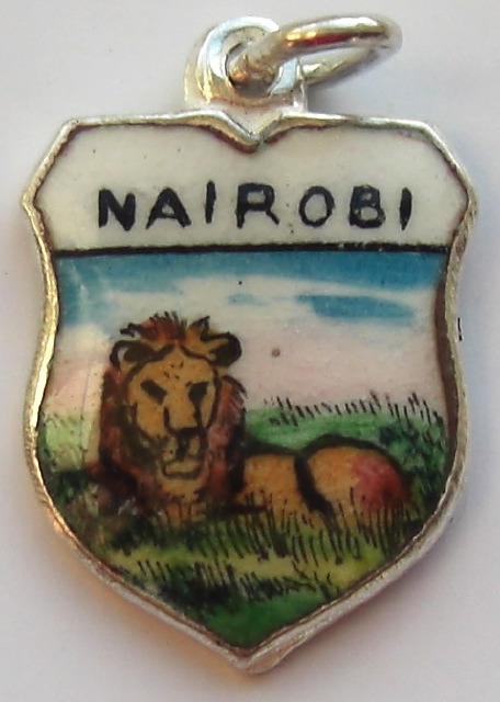 Nairobi AFRICA - Lion - Vintage Silver Enamel Travel Shield Charm