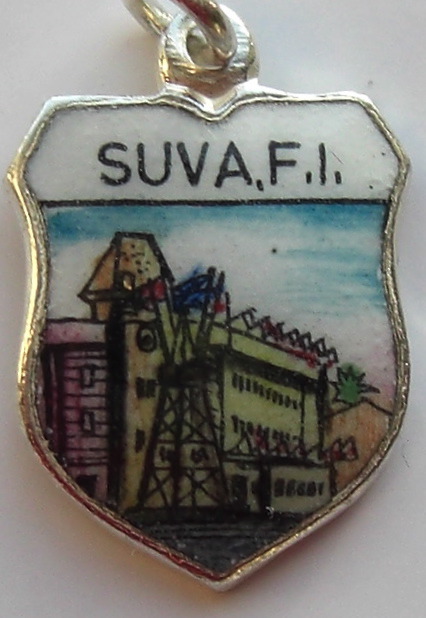 FIJI ISLANDS - SUVA - Building Vintage Enamel Travel Shield Charm