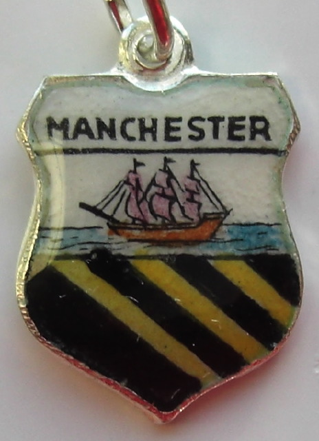 England British Manchester Vintage Silver Enamel Travel Shield Charm