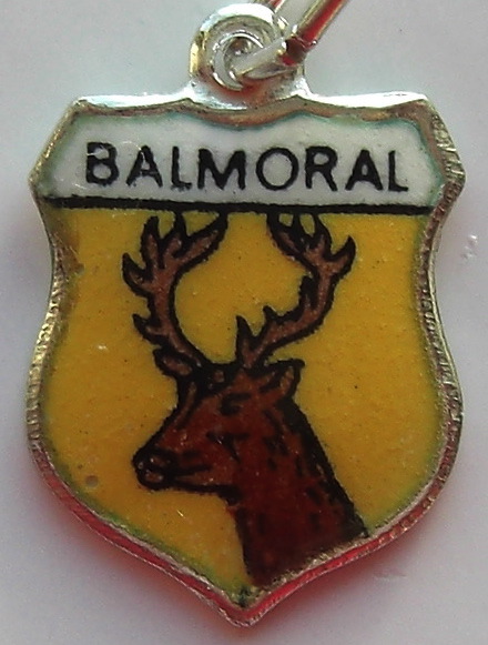 BALMORAL Scotland - Deer Vintage Silver Enamel Travel Shield Charm - Click Image to Close