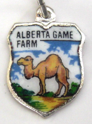 Alberta Game Farm Canada - CAMEL 1 Hump - Vintage Enamel Travel Shield Charm - Click Image to Close