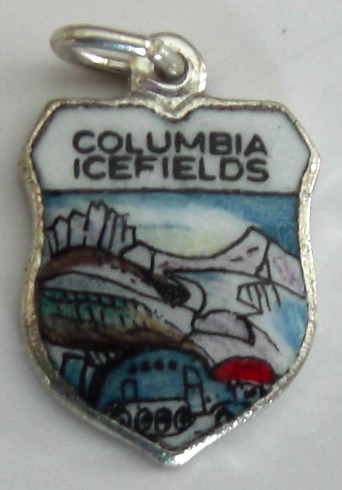 Columbia Icefields Canada - SNOW COACH SCENE - Vintage Enamel Travel Shield Charm - Click Image to Close
