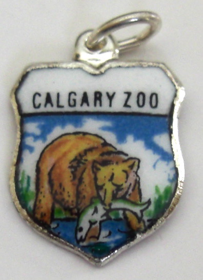 Calgary Zoo Canada - BEAR & FISH - Vintage Enamel Travel Shield Charm - Click Image to Close