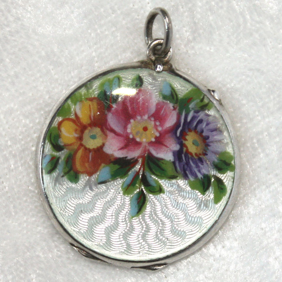 Antique Art Nouveau Silver & Guilloche Enamel Flower Locket Charm