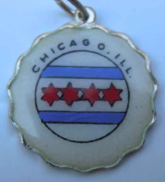 Vintage Enamel Travel Charm - Scalloped Round Edge - Illinois - Chicago City Flag