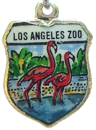 California - Los Angeles Zoo Flamingo - Vintage Silver Enamel Travel Shield Charm