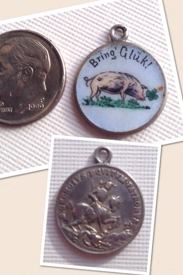 Antique Silver & Enamel Bring Gluk Bring Luck Pig & Clover Charm Rare