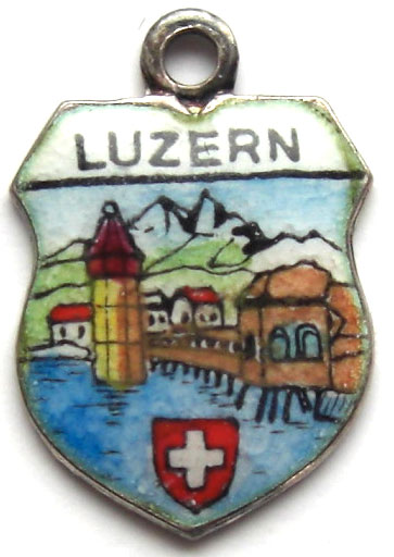 Luzern (Lucerne) Switzerland - Swiss Flag Scene - Enamel Travel Shield Charm