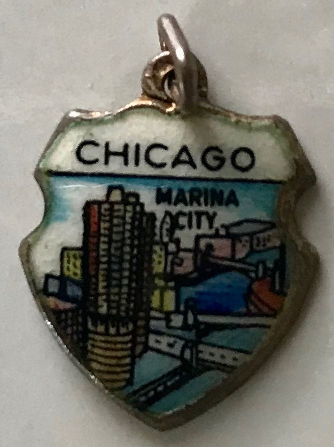 Chicago, Illinois - Marina City Wide - Vintage Enamel Travel Shield Charm