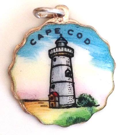 Vintage Enamel Travel Charm - Scalloped Round Edge - Massachusetts - Cape Cod Lighthouse