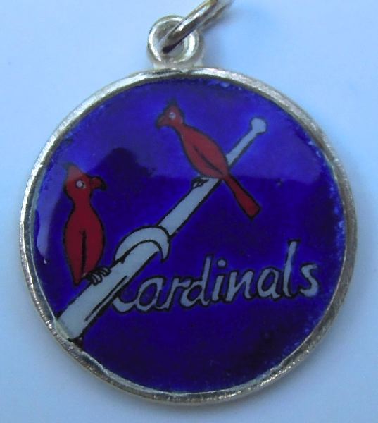 Vintage Enamel Travel Charm - Scalloped Round Edge - Missouri - St Louis Cardinals - Click Image to Close