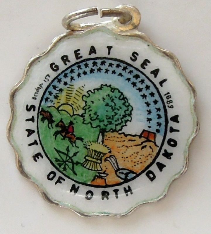 Vintage Enamel Travel Charm - Scalloped Round Edge - North Dakota - State Seal