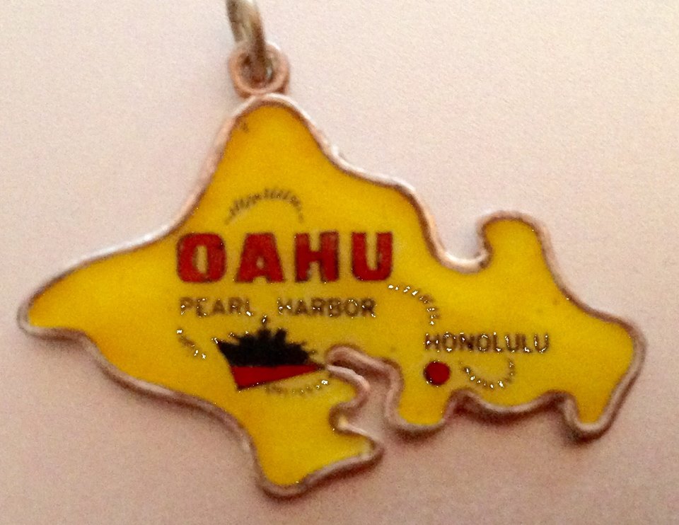 Oahu Hawaii - Vintage Enamel Travel Map Charm - Yellow