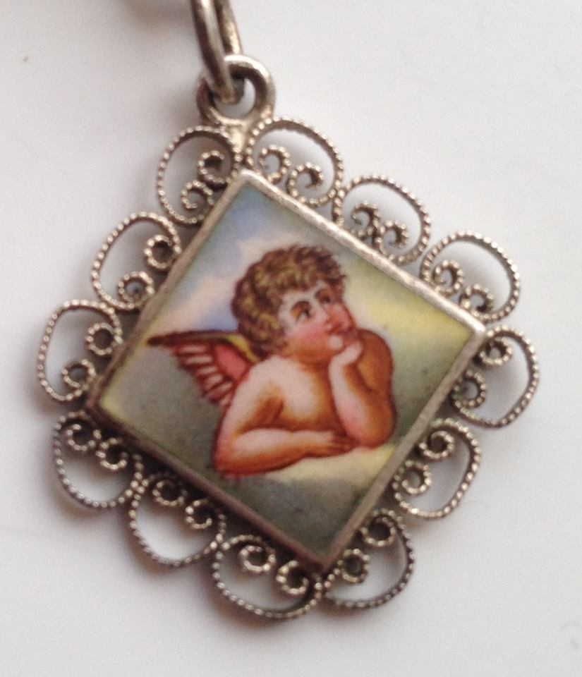 Antique Silver & Enamel Raphael's Angel Cherub with filigree edge Charm Rare