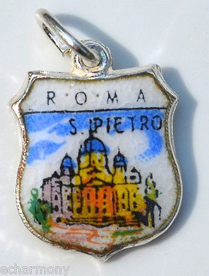 Rome Italy - Roma St. Peters (Vatican San Pietro 2) Vintage Silver Enamel Travel Shield Charm - Click Image to Close