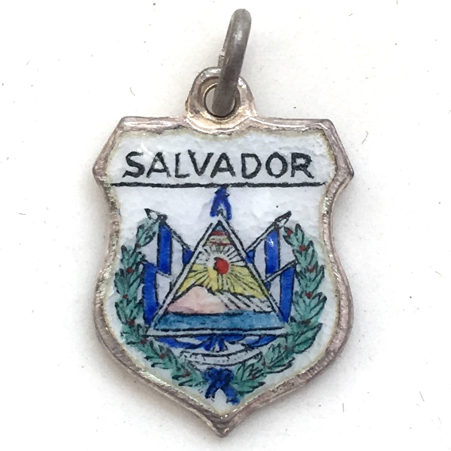 Salvador - Crest - Vintage Silver Enamel Travel Shield Charm