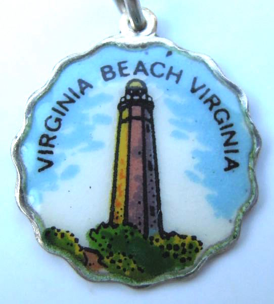 Vintage Enamel Travel Charm - Scalloped Round Edge - Virginia - Virginia Beach Lighthouse - Click Image to Close