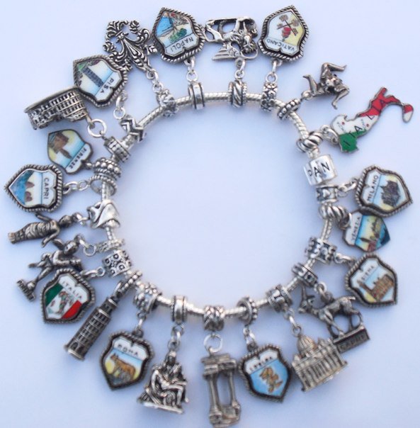 Pandora Style Italy travel shield & silver Charm bracelet